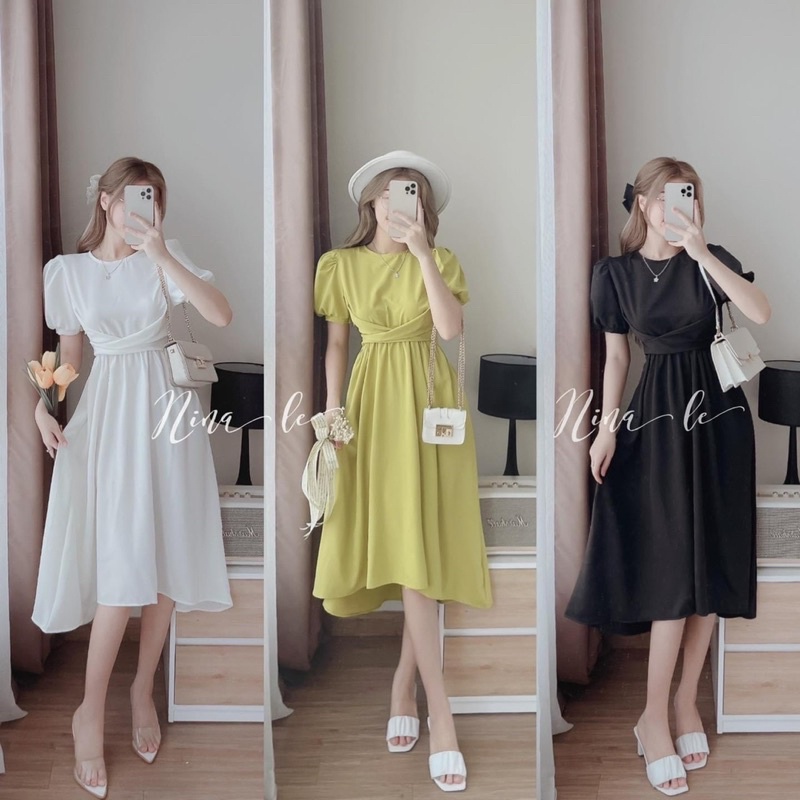 Váy liền thân nhún ngực nơ lưng 24April ♥️ Đầm nữ dáng xoè cao cấp chất đũi tằm đa dụng chuẩn mẫu🍃