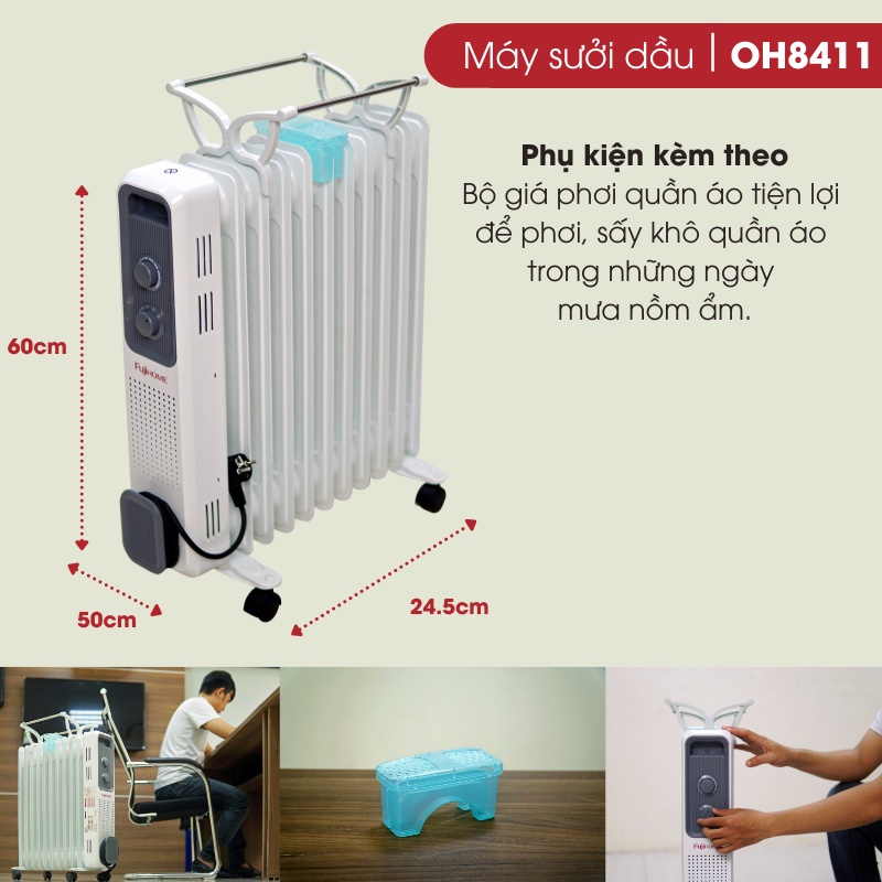 Máy sưởi dầu không đốt oxi không khô da CN Nhật Bản Nhập Khẩu FUJIHOME 11 thanh, sưởi điện tự động ngắt, Bảo hành 1 năm