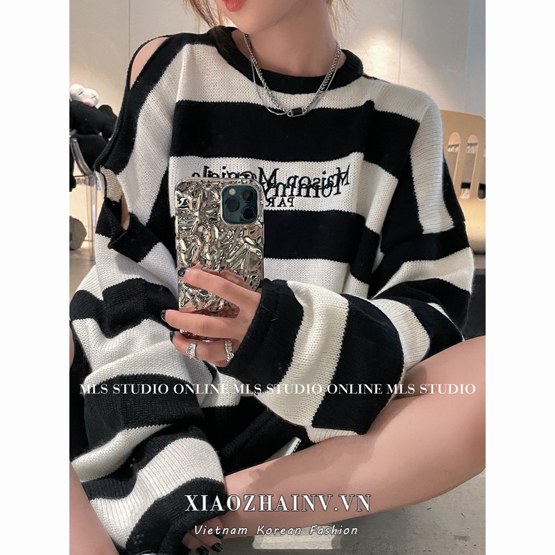 Xiaozhainv Áo Sweater Tay Dài Trễ Vai Dáng Rộng Kẻ Sọc Thời Trang Dành Cho Nữ