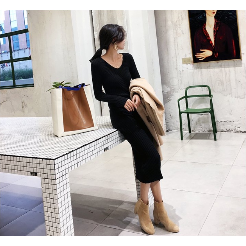 Đầm Dệt Kim Tay Dài Cổ Chữ V Thiết Kế Mới Thời Trang Mùa Thu Dành