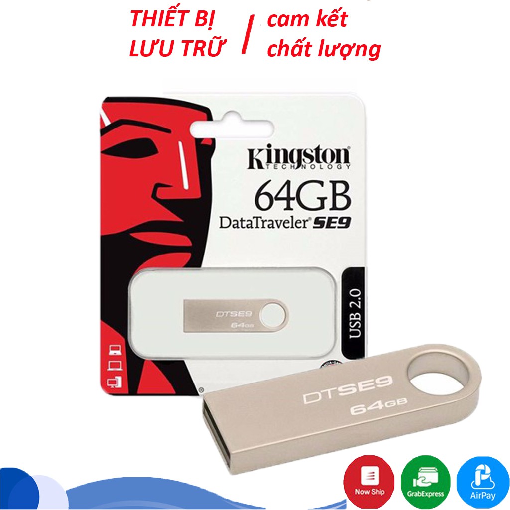 USB 64Gb SE9, USB Kingston 64GB - Vỏ Kim Loại - USB 2.0, chống nước, Bảo hành 2 Năm