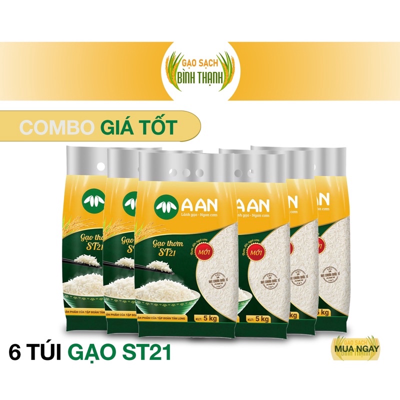 Combo 6 túi gạo Thơm ST21 A AN mỗi túi 5Kg - Đặc sản Sóc Trăng - Thơm hoa lài nhẹ, cơm ngọt, rất dẻo, để nguội vẫn mềm