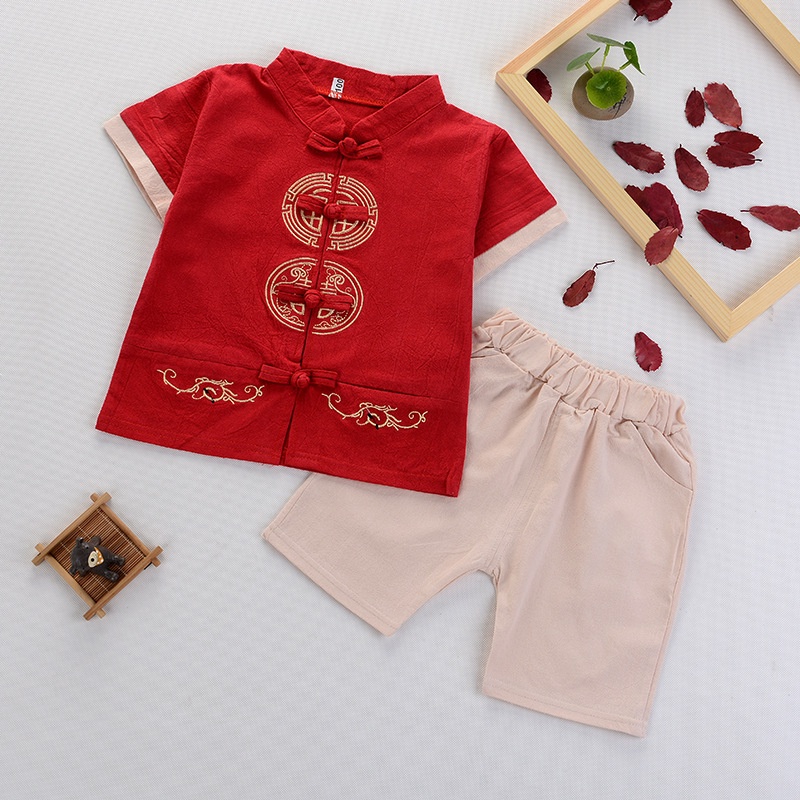 Tết Bộ Quần Áo Cotton Ngắn Tay Phong Cách Trung Hoa Cổ Điển Mừng Năm Mới Cho Bé Trai