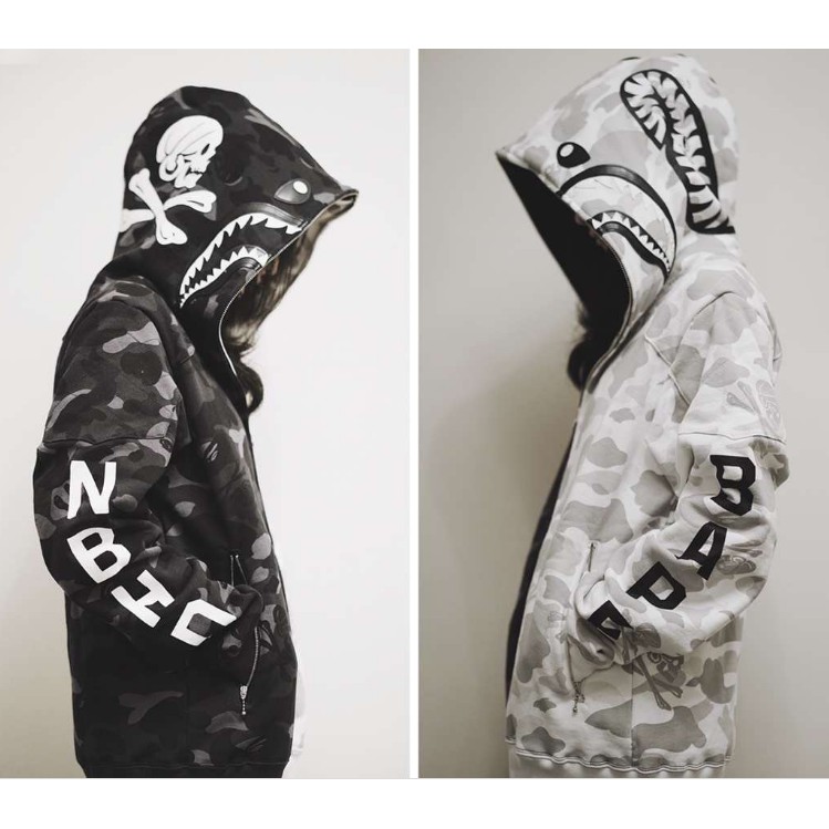 BAPE A BATHING APE Áo Khoác Hoodie Phối Khóa Kéo Họa Tiết Đầu Lâu / Cá Mập Độc Đáo