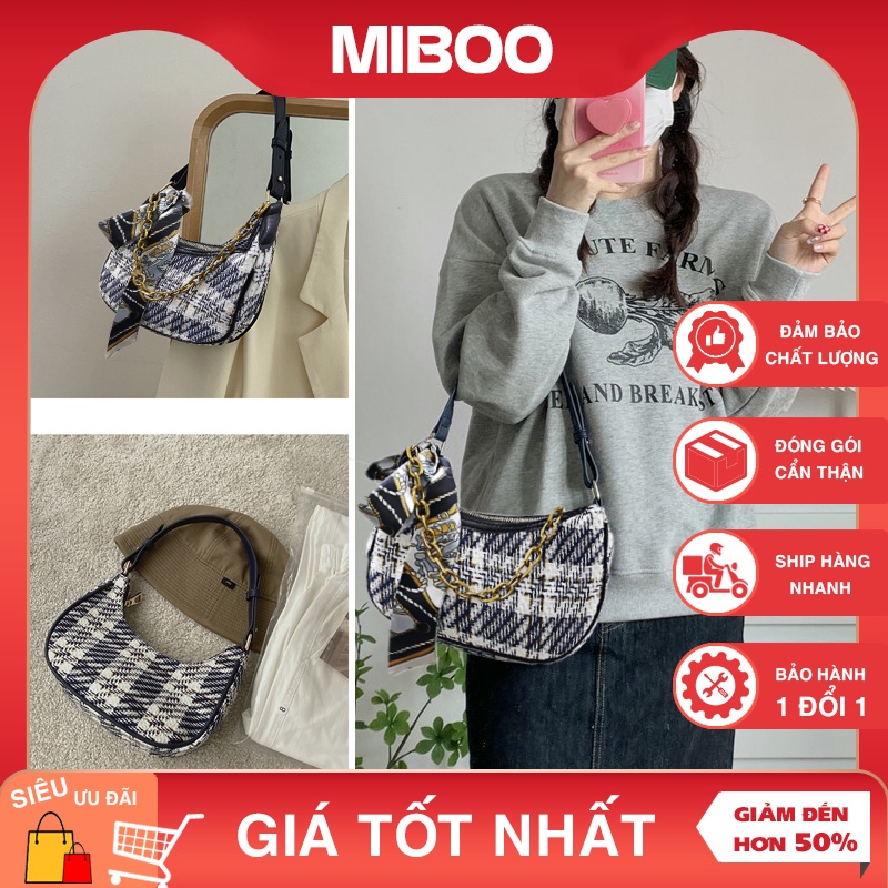 Túi xách nữ đeo vai, túi kẹp nách dạ kẻ buộc nơ dây xích trẻ trung năng động