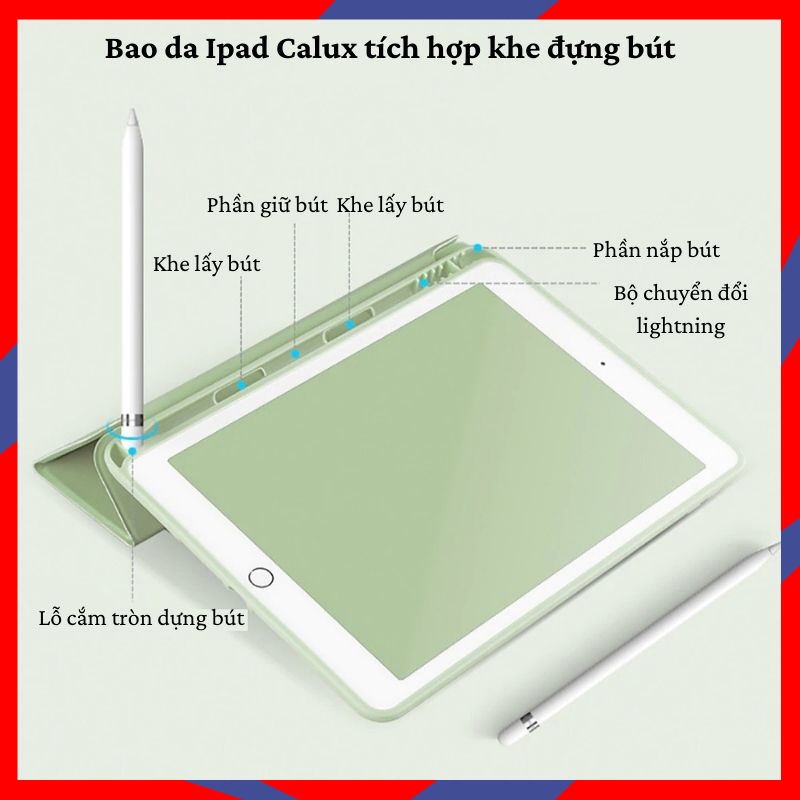 [Bản nâng cấp]Bao Da Thông Minh Cho Ipad Phiên Bản Có Khay Đựng Bút Chính Hãng Calux 100% Viền Silicon