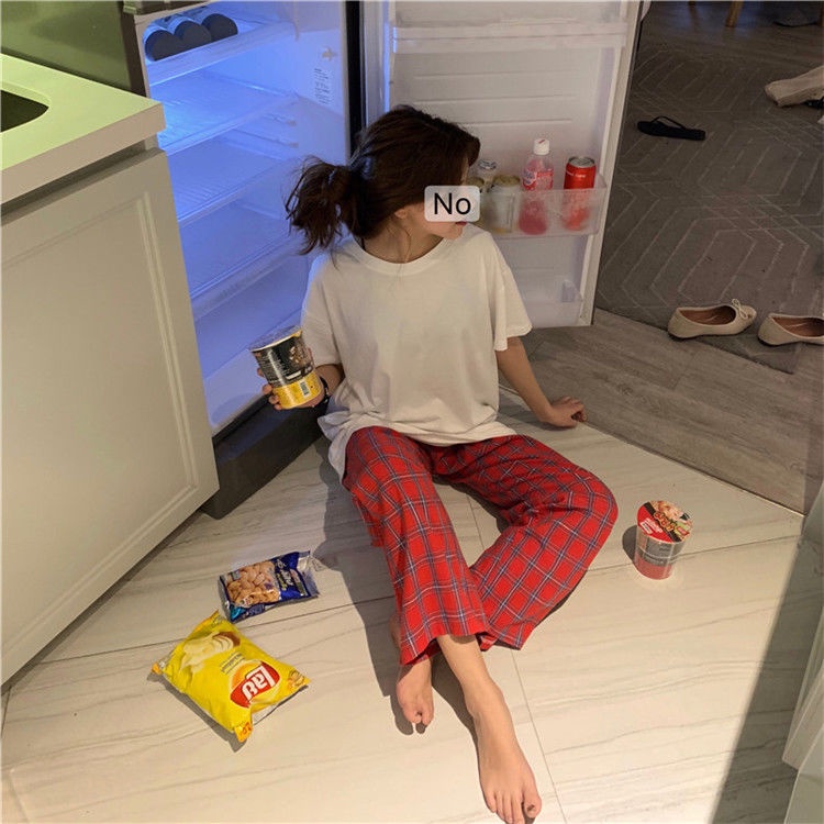 Bộ Đồ Ngủ Áo Thun + Quần Dài Dáng Rộng Họa Tiết Sọc Caro Phong Cách Hàn Quốc Thời Trang Mùa Hè Cho Nữ | BigBuy360 - bigbuy360.vn