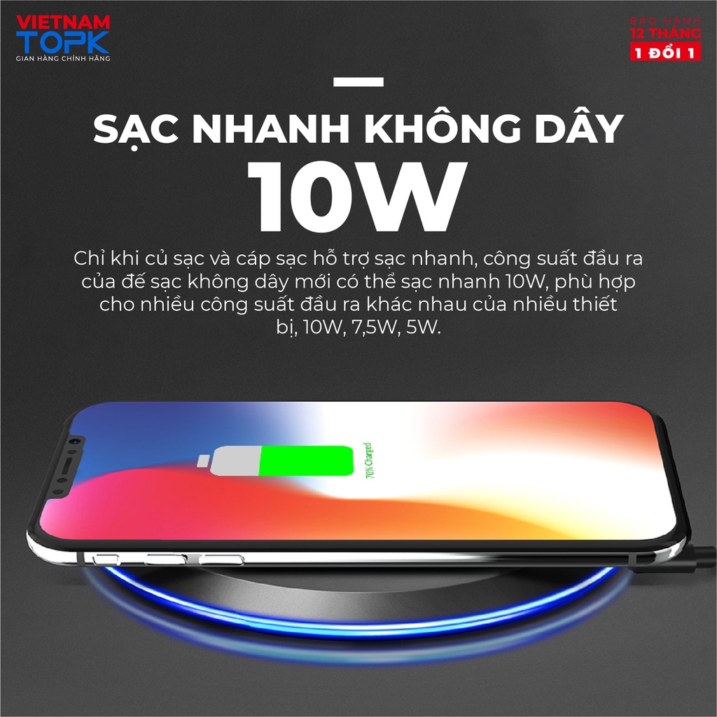 Sạc không dây TOPK B46W - Công nghệ sạc Qi 10W - Tích hợp đèn LED - Hàng chính hãng - Bảo hành 12 tháng