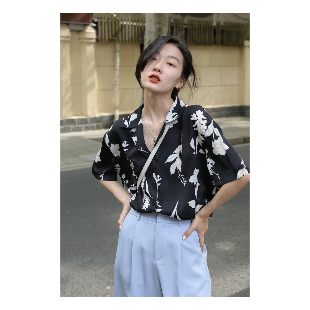 Áo sơ mi SUXI ngắn tay dáng rộng in họa tiết phong cách cổ điển thời trang mùa hè cho nữ
