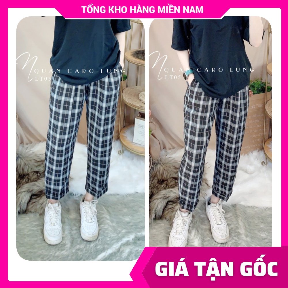 Quần baggy kaki nữ vải mềm phối sọc kẻ caro dễ thương Quần tây 9 tấc lưng thun LT05