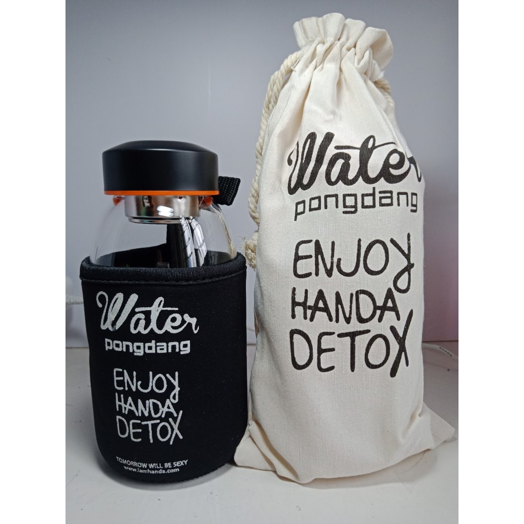 BÌNH THỦY TINH PONGDANG 500ML ĐEN CÓ LỌC TẶNG TÚI CHỐNG SỐC VÀ TÚI VẢI, CỌ