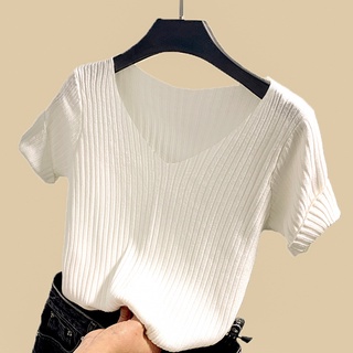 Áo len lụa Ice Slim Color V-Cổ ngắn tay áo croptop