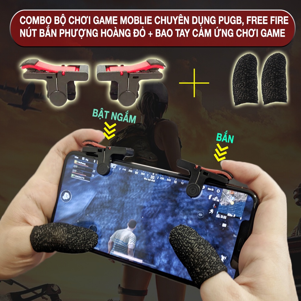 Combo bộ phụ kiện chơi game nút bắn Pugb, Freefire PHL kèm bao tay chơi game - Nút bấm chơi PUBG 4 ngón