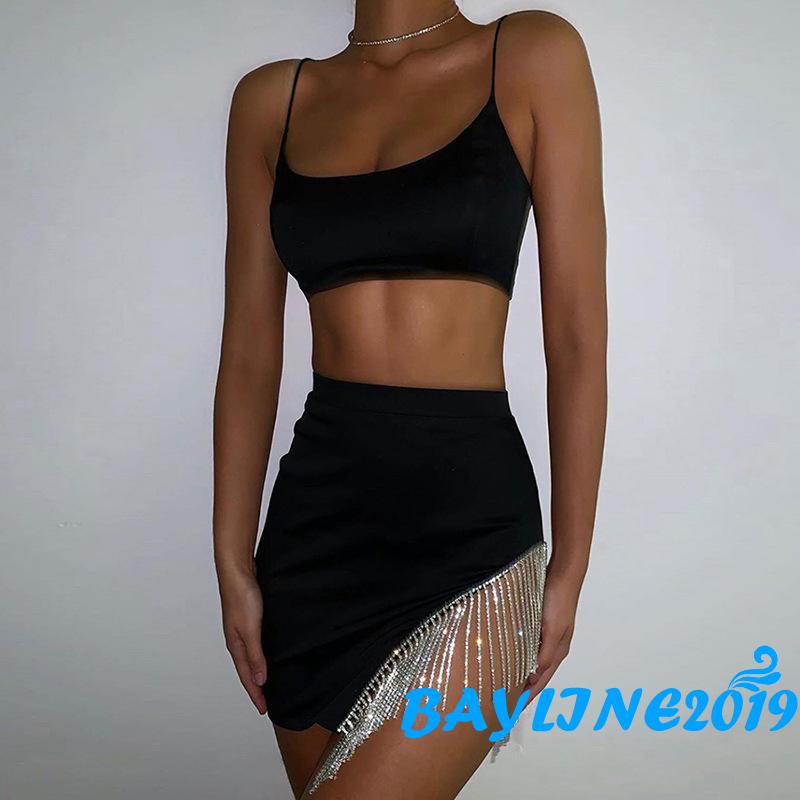 Set áo croptop+chân váy đính tua rua sequin lấp lánh quyến rũ