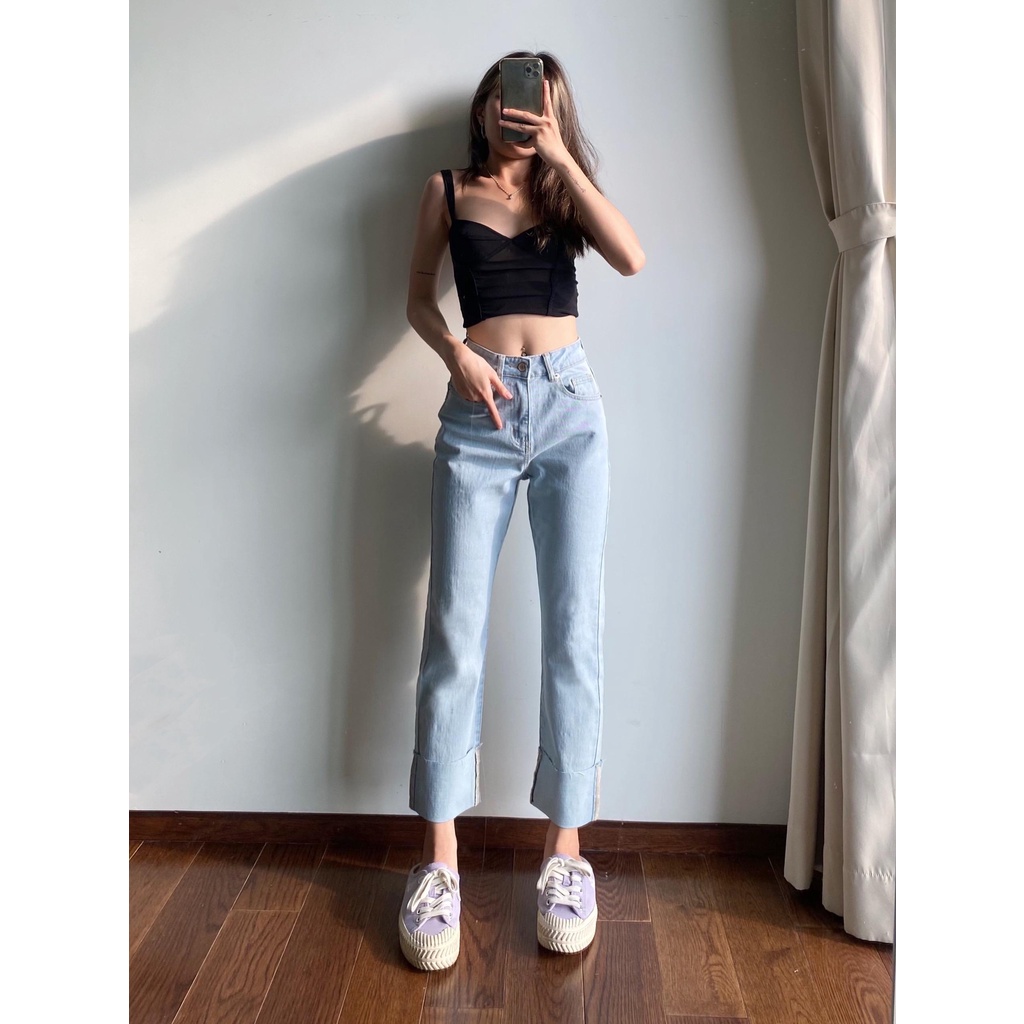 Quần jeans suông ống đứng lật lai dài 90cm QJ644