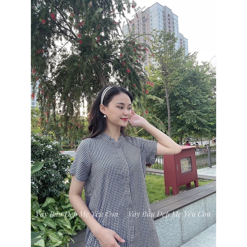 Đầm bầu công sở Váy bầu đẹp Kẻ Caro Dấu Khuy Dáng Suông MYC 1303