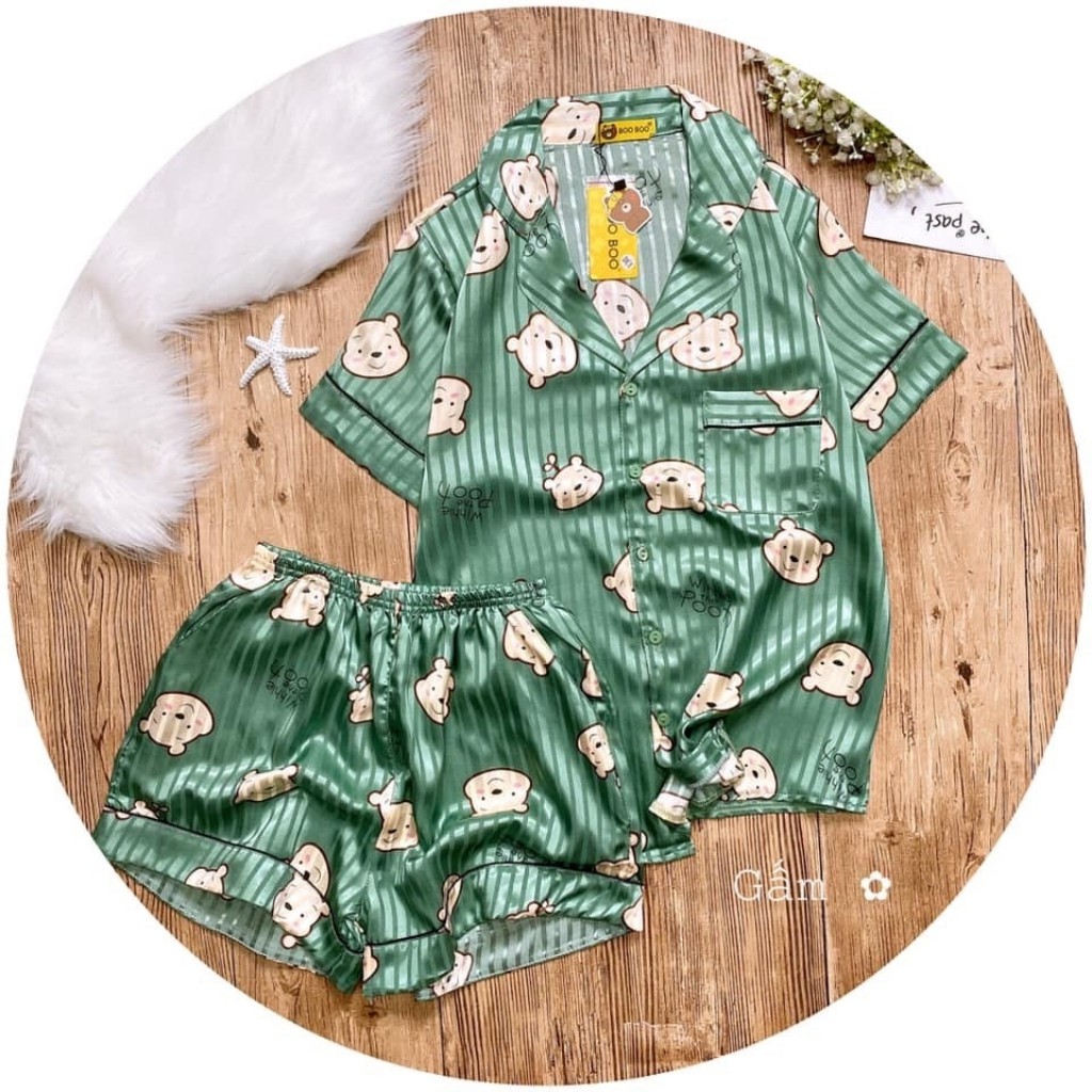 Đồ bộ PIJAMA HNT02228 đồ bộ mặc nhà vải gấm, tay cộc, quần đùi, chất cao cấp mịn đẹp Size 40KG - 60KG