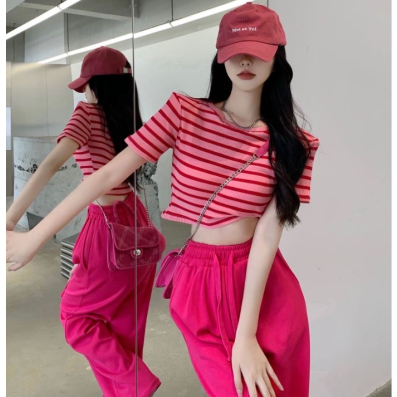 Set áo thun tay ngắn kẻ sọc phối quần dài thời trang mùa hè năng động (có bán lẻ)