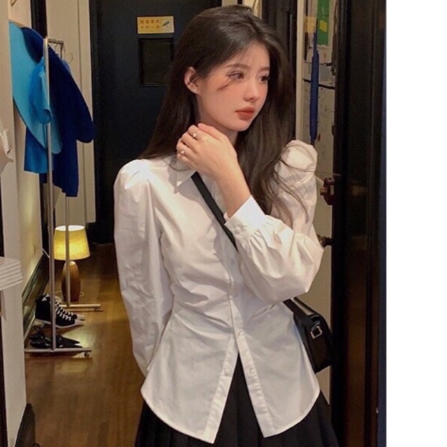Áo sơ mi nữ trắng tay dài dáng ôm thời trang nữ, sơ mi rúm eo thiết kế ôm Linzstore