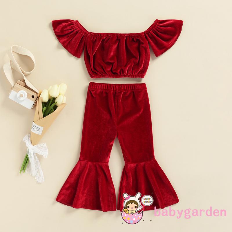 Bộ áo trễ vai in họa tiết trái tim + quần lưng thun thời trang cho bé gái 1-6 tuổi