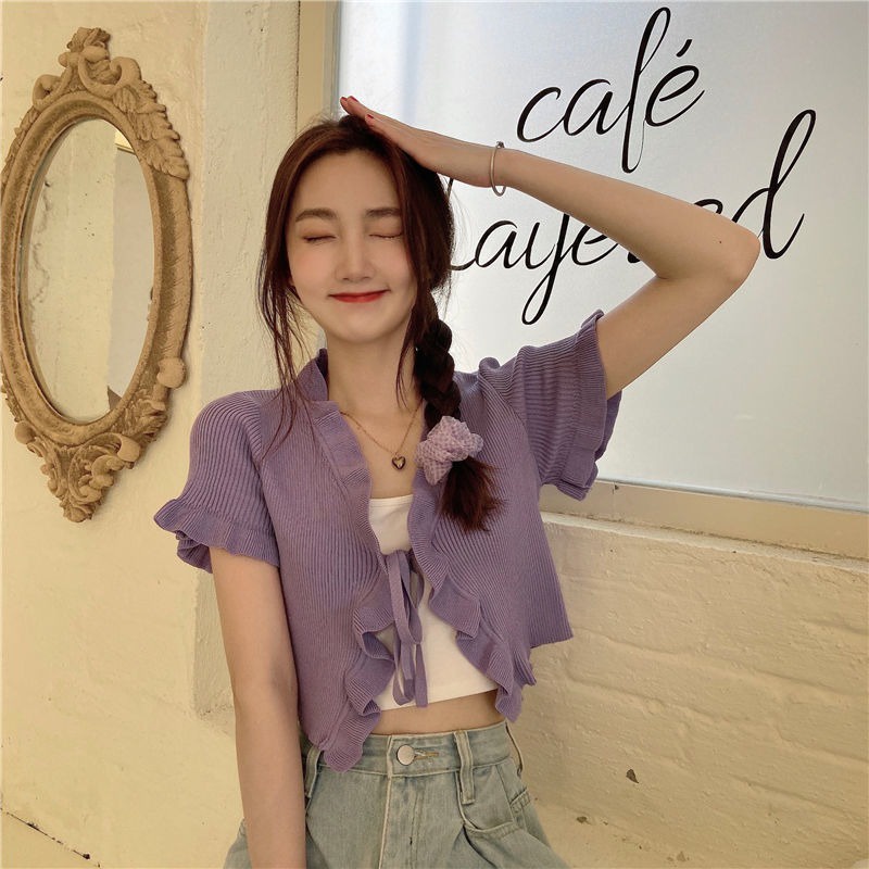 Áo Cardigan Dệt Kim Tay Ngắn Cổ Chữ V Phối Bèo Nhún Nữ Tính