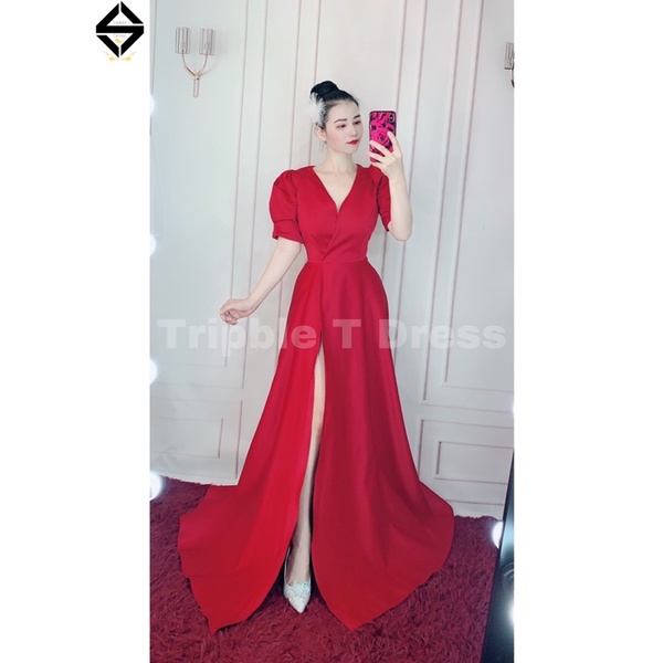 Đầm maxi cổ V đắp chéo tay phồng xẻ đùi có quần trong TRIPBLE T DRESS - MS183Y