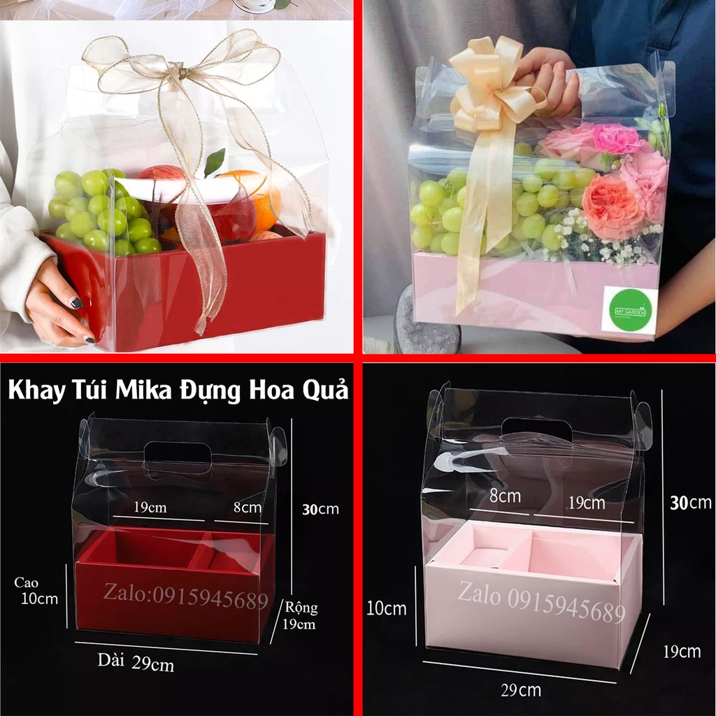 Hộp Vali Meka bằng giấy 2 ngăn túi mica trong suốt, giỏ đựng hoa quả, bánh kem sang trọng