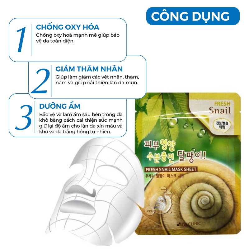 Combo 10 Túi Mặt nạ giấy dưỡng trắng da dưỡng ẩm chống lão hóa chiết xuất dịch nhầy ốc sên 3W CLINIC Hàn Quốc 23mlx10