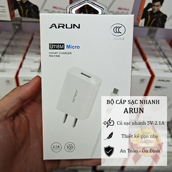 Bộ Củ sạc nhanh Arun kèm Dây cổng MicroUSb TypeC chân dẹt và ios điện thoại Iphone android