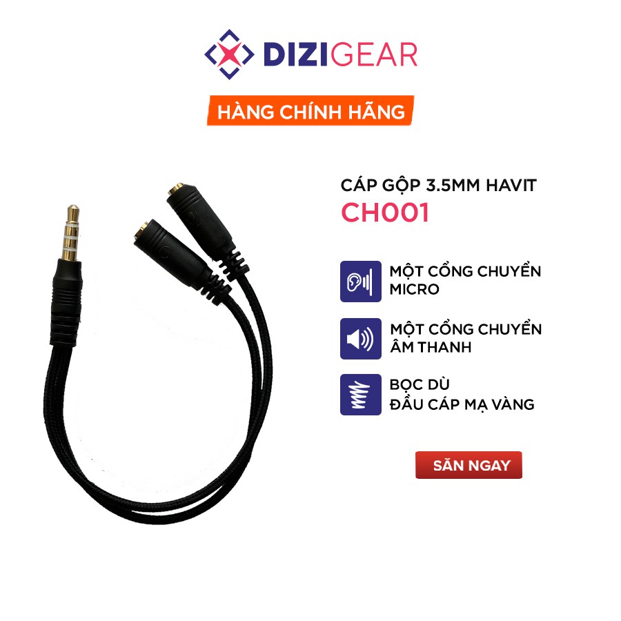 Cáp Gộp 2 Cổng 3.5mm Sang 1 Cổng 3.5mm HAVIT CH001, Đầu Cáp Mạ Vàng Chống Nhiễu, Bọc Dù Siêu Bền - Hàng Chính Hãng