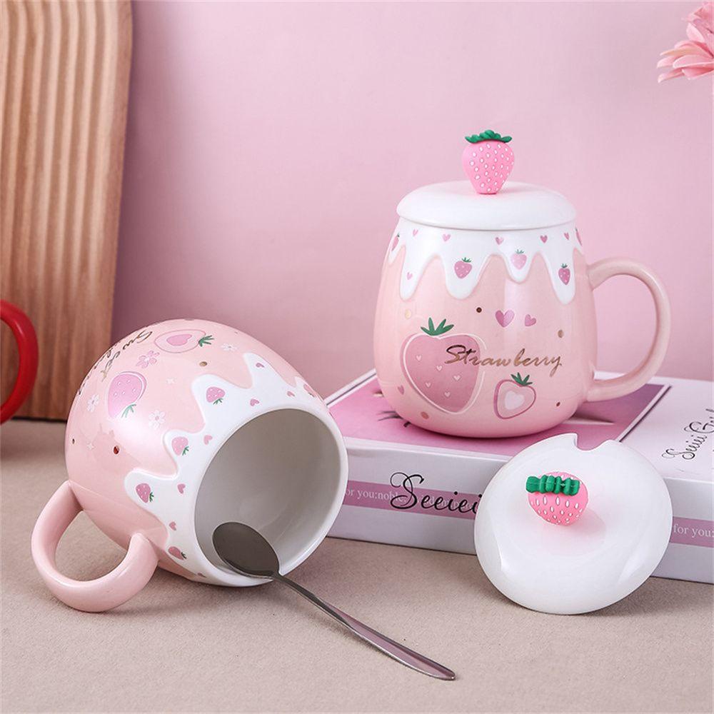 PISTA Cốc Sứ Uống Cà Phê Có Nắp Đậy Họa Tiết Dâu Tây Mới