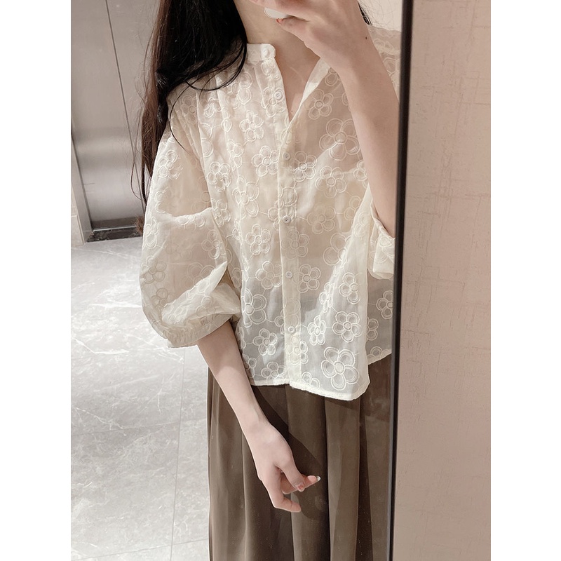 Áo Sơ Mi cotton Lanh Cổ Chữ V Thêu Họa Tiết Phong Cách retro Hàn Quốc Thời Trang