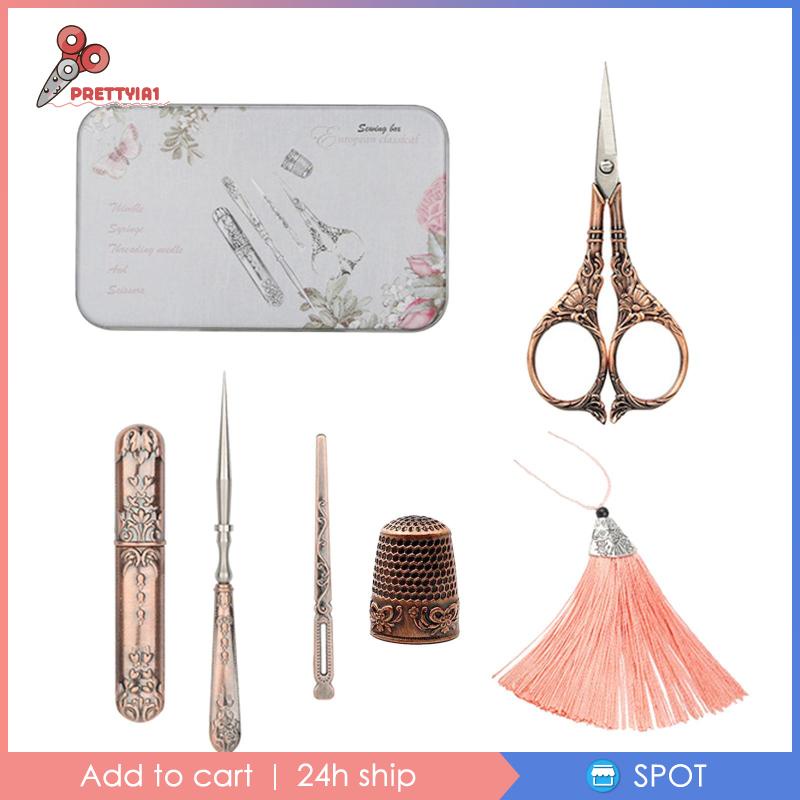 [Prettyia1] Bộ Dụng Cụ Thêu Cổ Điển Hoàn Chỉnh Thimble Awl Lily