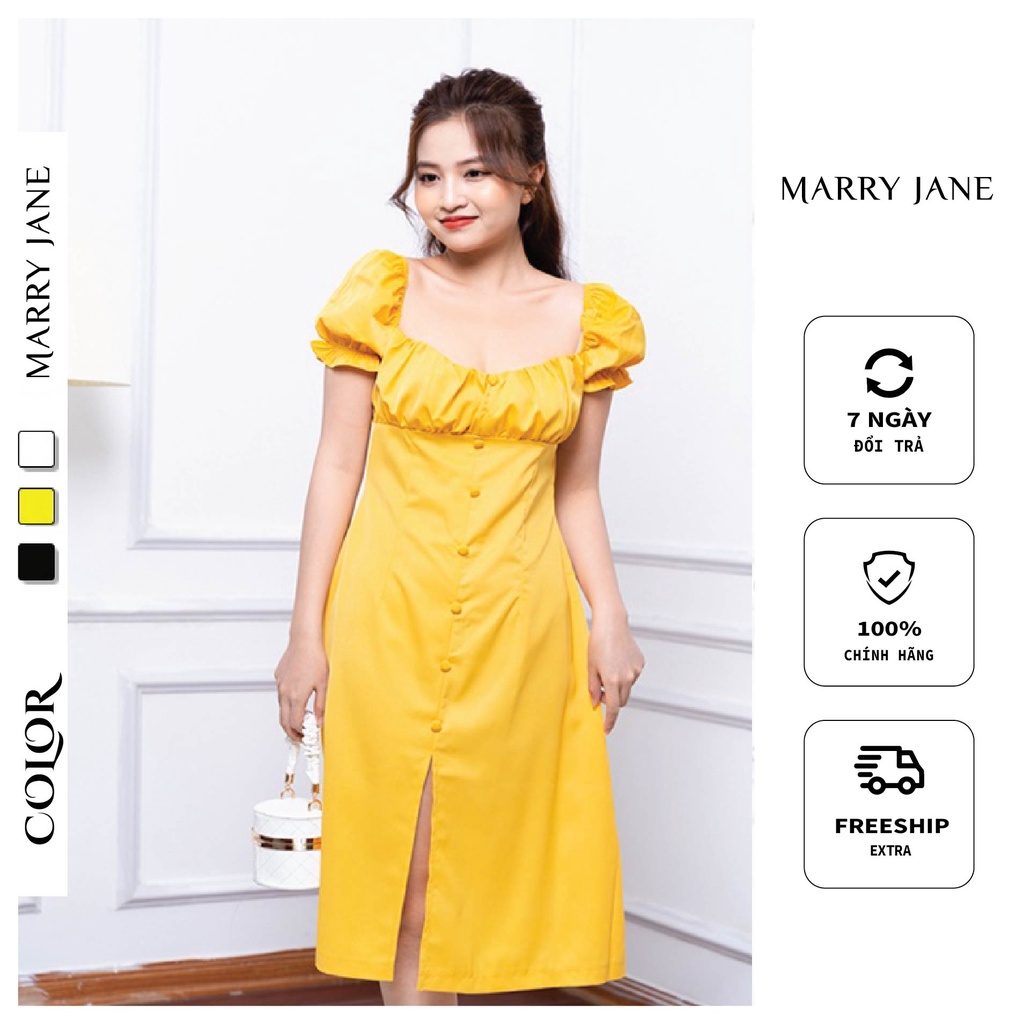 Đầm cổ vuông nhún ngực MARRY JANE V30272 nhấn cúc dọc, thiết kế xẻ tà trước