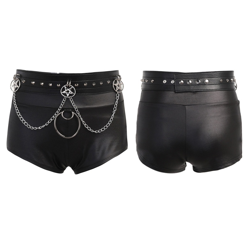 Quần Short Da PU Màu Đen Đính Đinh Tán Phong Cách Punk Gothic Thời Trang Mùa Hè Cho Nữ