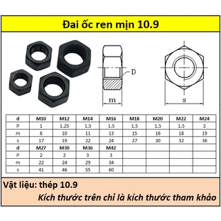 Đai ốc thép đen 10.9 ren mịn (M10-M18)