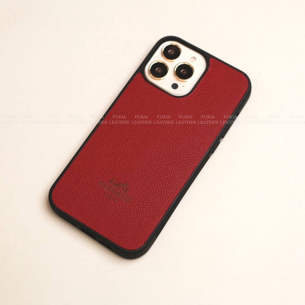 Ốp da thủ công viền đen khắc chữ Epsom Đỏ Đô dành cho IPhone IPhone 14/14Plus/14Pro/14Promax/13/13Pro/13Promax/12promax