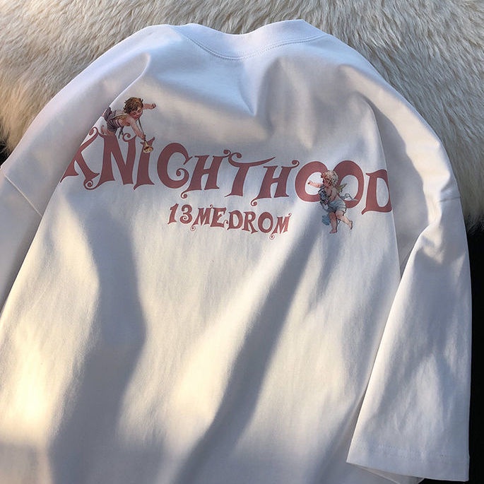 Áo Thun Cotton Ngắn Tay Dáng Rộng In Hình Hoa Hồng Thắt Nơ Kiểu Retro Mỹ Cho Cặp Đôi
