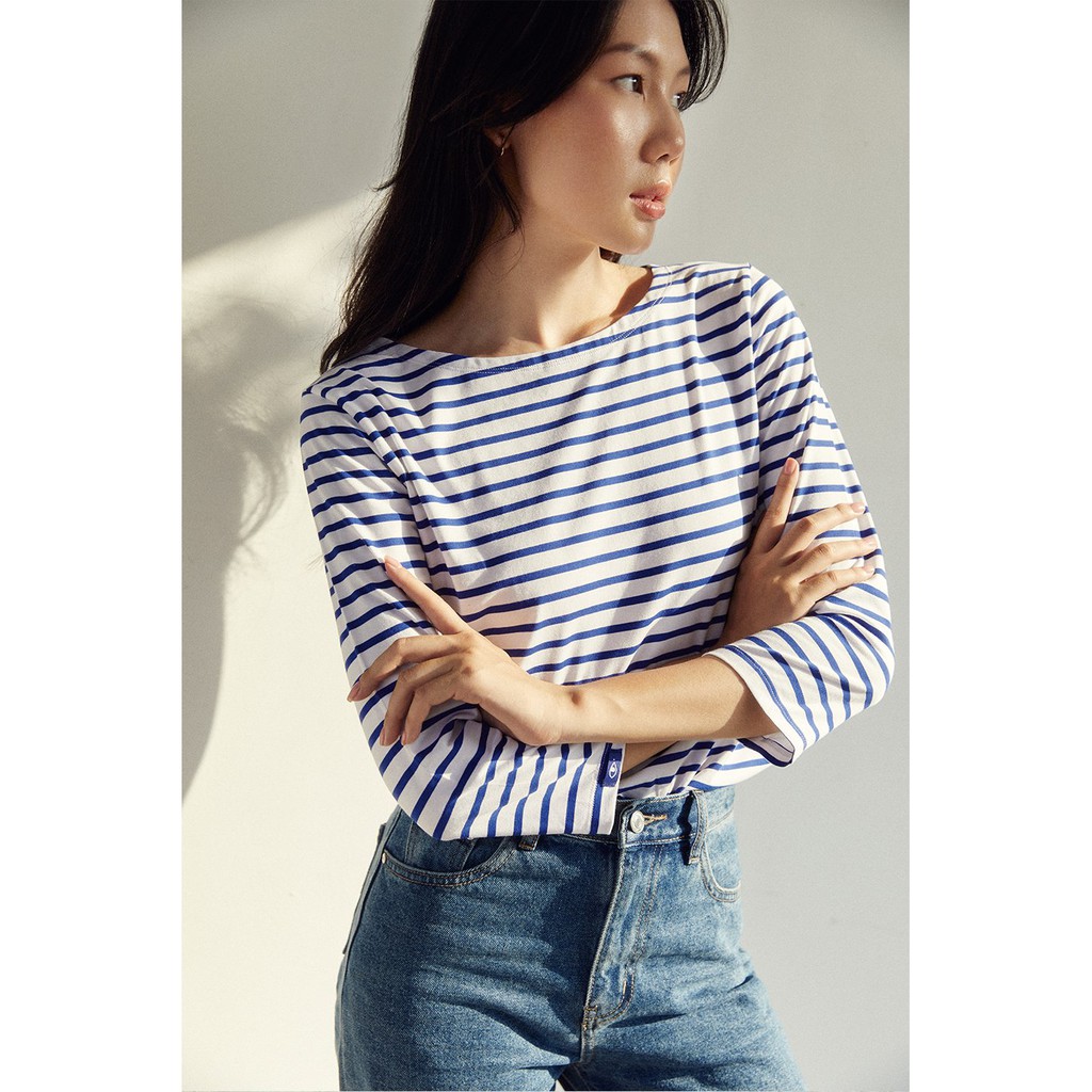 TheBlueTshirt - Áo Thun Tay Dài Nữ Sọc Xanh Trắng - New Classic BlueT - White / Blue Stripe