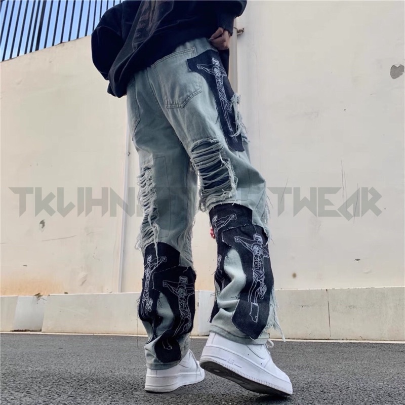 TKLIHN Quần Jeans UNISEX ống rộng rách gối thiết kế ĐỘC LẠ cá tính FASHIONITA 2022
