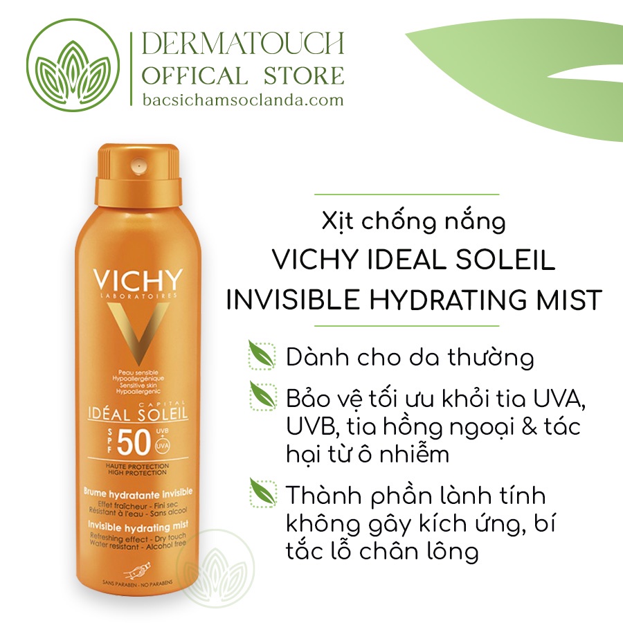 Kem chống nắng toàn thân dạng xịt SPF 50 PA+++ Vichy Ideal Soleil Invisible Hydrating Mist