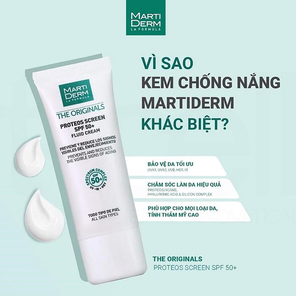 [40ml] Kem chống nắng vật lý lai hóa học MartiDerm Proteos Screen SPF 50 Fluid Cream