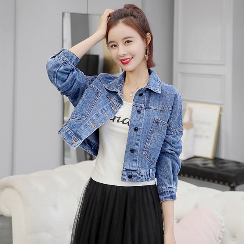 Áo khoác denim tay dài thiết kế cổ bẻ thanh lịch