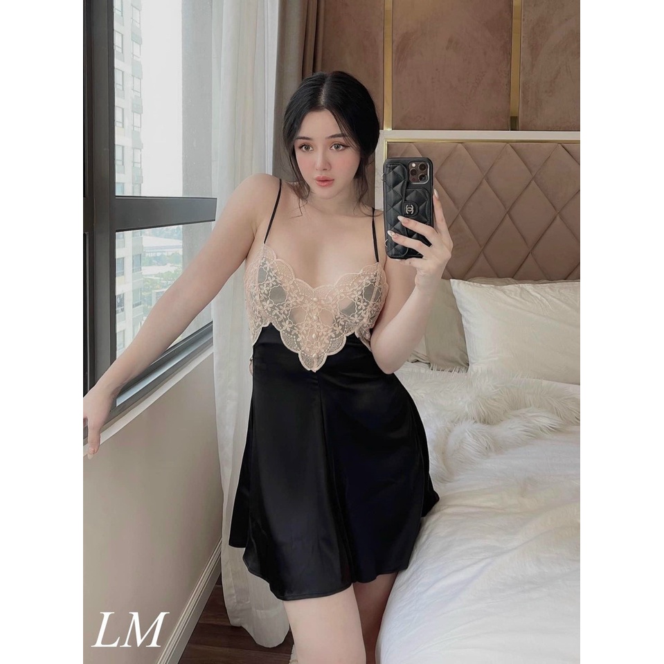 Váy ngủ lụa đáp ren ngực Tea Store V33