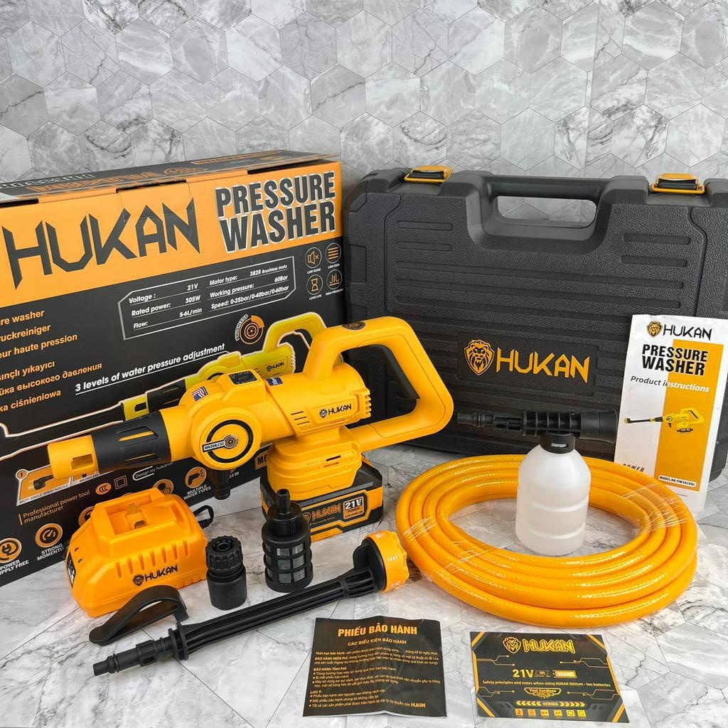 Máy Rửa Xe Pin HUKAN HK-PW3828BL Động Cơ Không Thổi Than, Xịt Sân Vườn, Rửa Xe Tiện Lợi