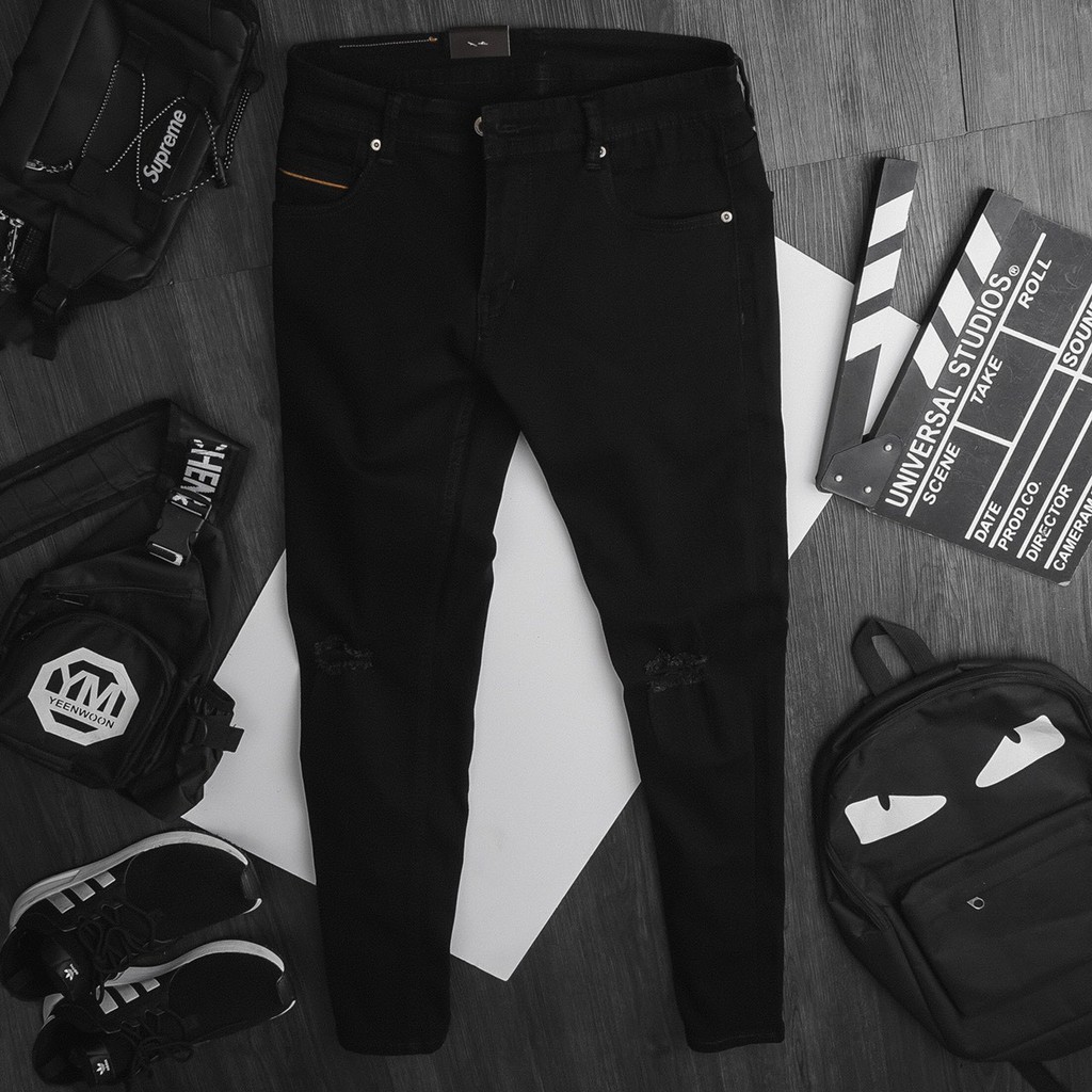 [bigsize < 130kg] quần jean nam rách 2 gối bigsize màu đen ống đứng | BigBuy360 - bigbuy360.vn