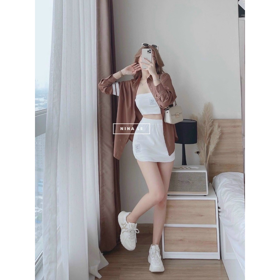 (Sale FreeShip) Sét nữ 3 món hottren,sét áo sơ mi lụa tay dài phối sọc`kèm áo thun borip mix chân váy ôm,hàng chuẩn shop