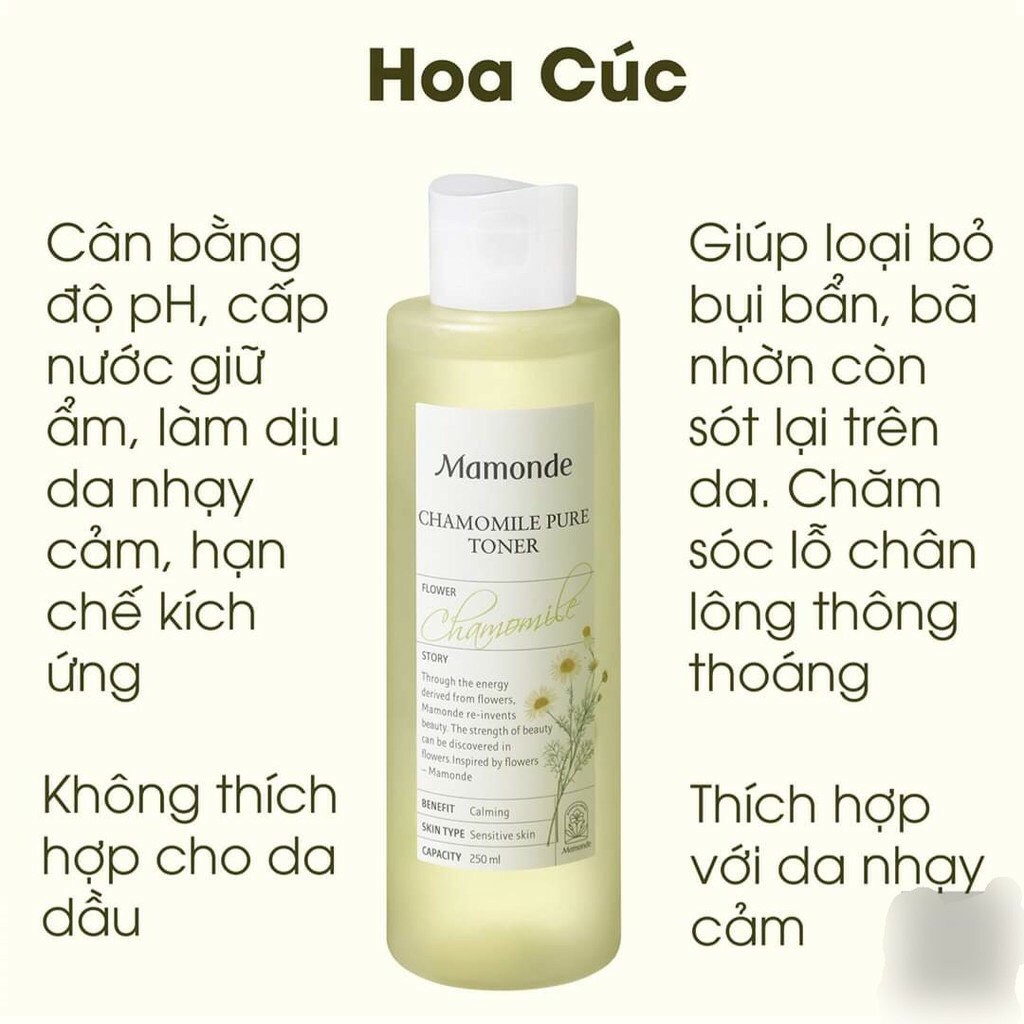 (Bao test chính hãng) Nước Hoa Hồng Mamonde Chamomile Pure Toner 250ml dành Cho da nhạy cảm chiết xuất Cúc La Mã