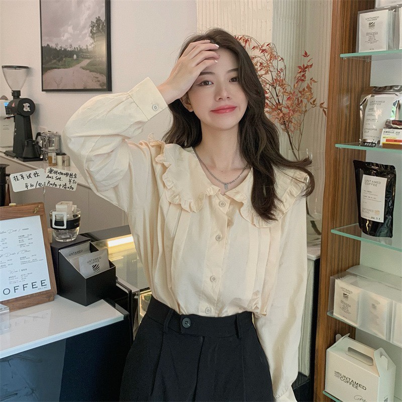 Linki ❀ Áo Sơ Mi Cổ Búp Bê Phong Cách Hàn Quốc Xinh Xắn Cho Nữ