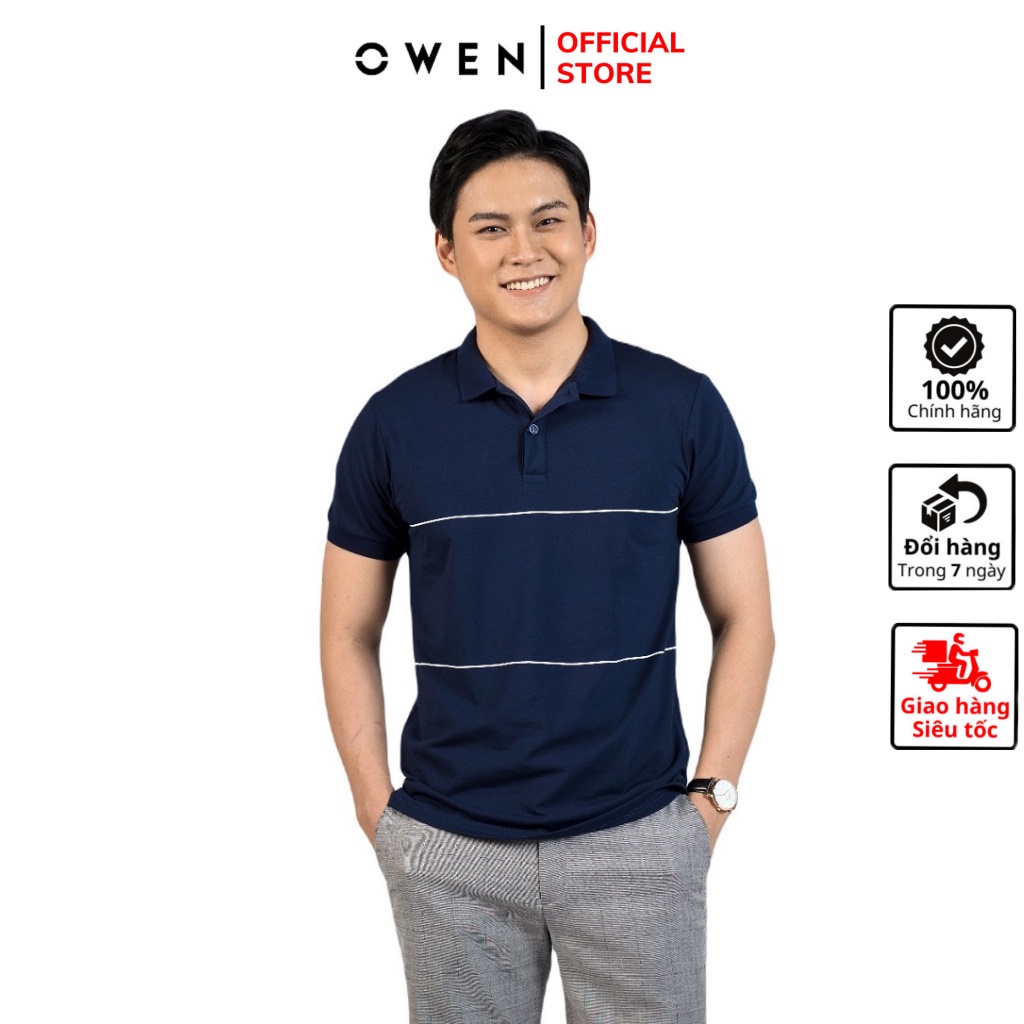 Áo thun nam có cổ bẻ polo OWEN APV220320 phông ngắn tay hàng hiệu cao cấp dáng body fit màu navy kẻ trắng vải cotton